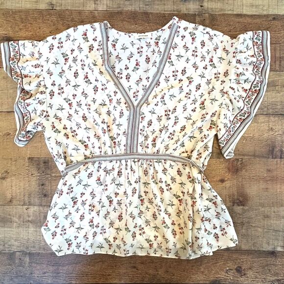 Max Studio Floral Blouse Waist Tie XL V-Neck Beige Office Career Work - Picture 6 of 7